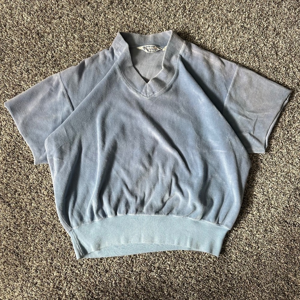 Vtg Towncraft Plus Penneys Short Sleeve Blue Velour V-Neck Banded Waist Size M